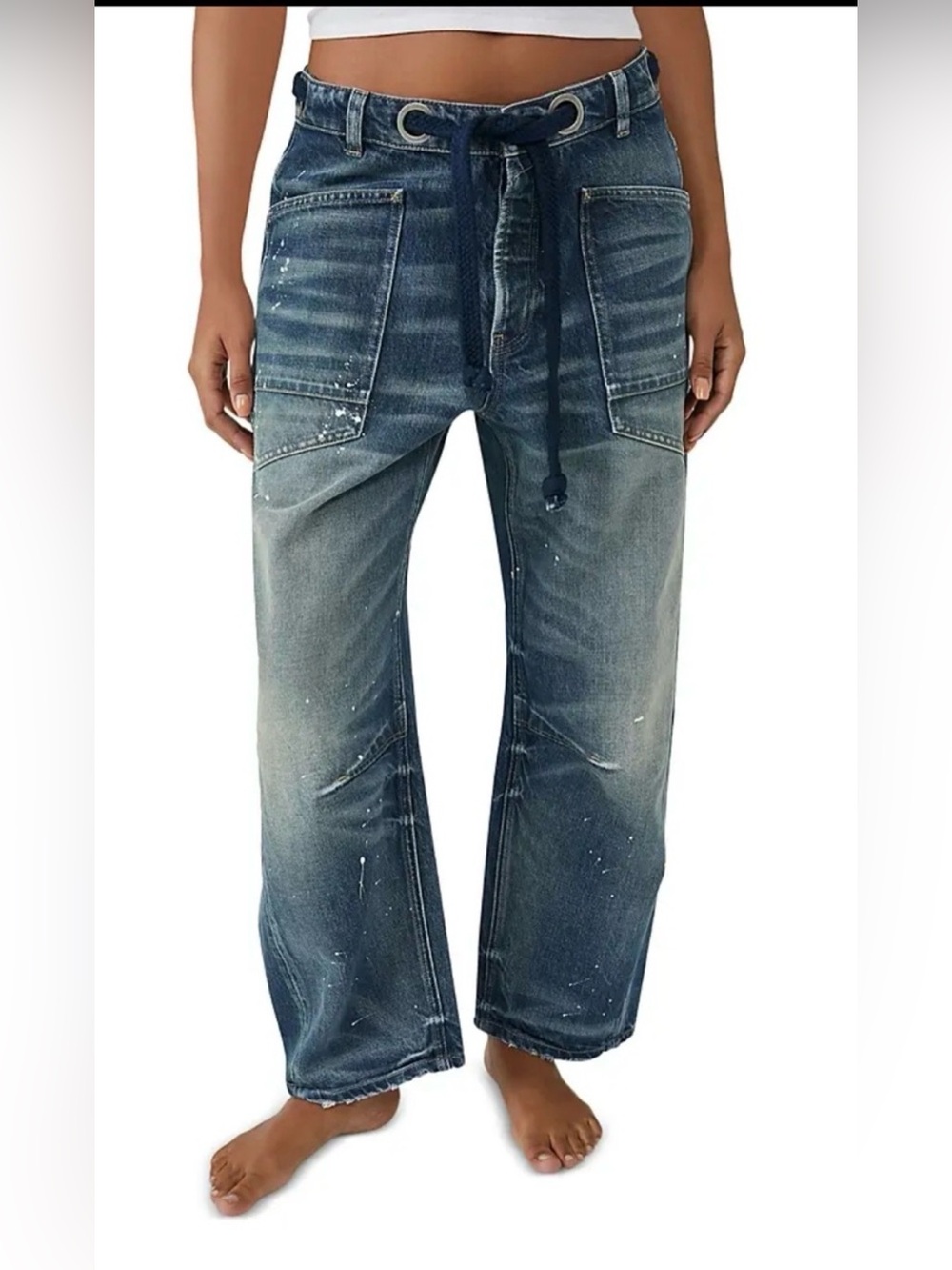We The Free Blue Paint-Splatter Wide-Leg Barrel Jeans in Timeless Blue - Picture 3 of 9